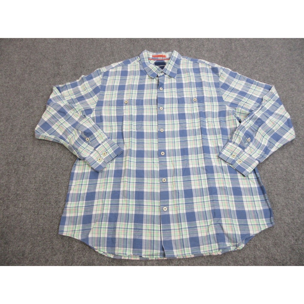 Tommy‎ Bahama Shirt Mens XL Blue Plaid Linen Long Sleeve Button Front Casual
